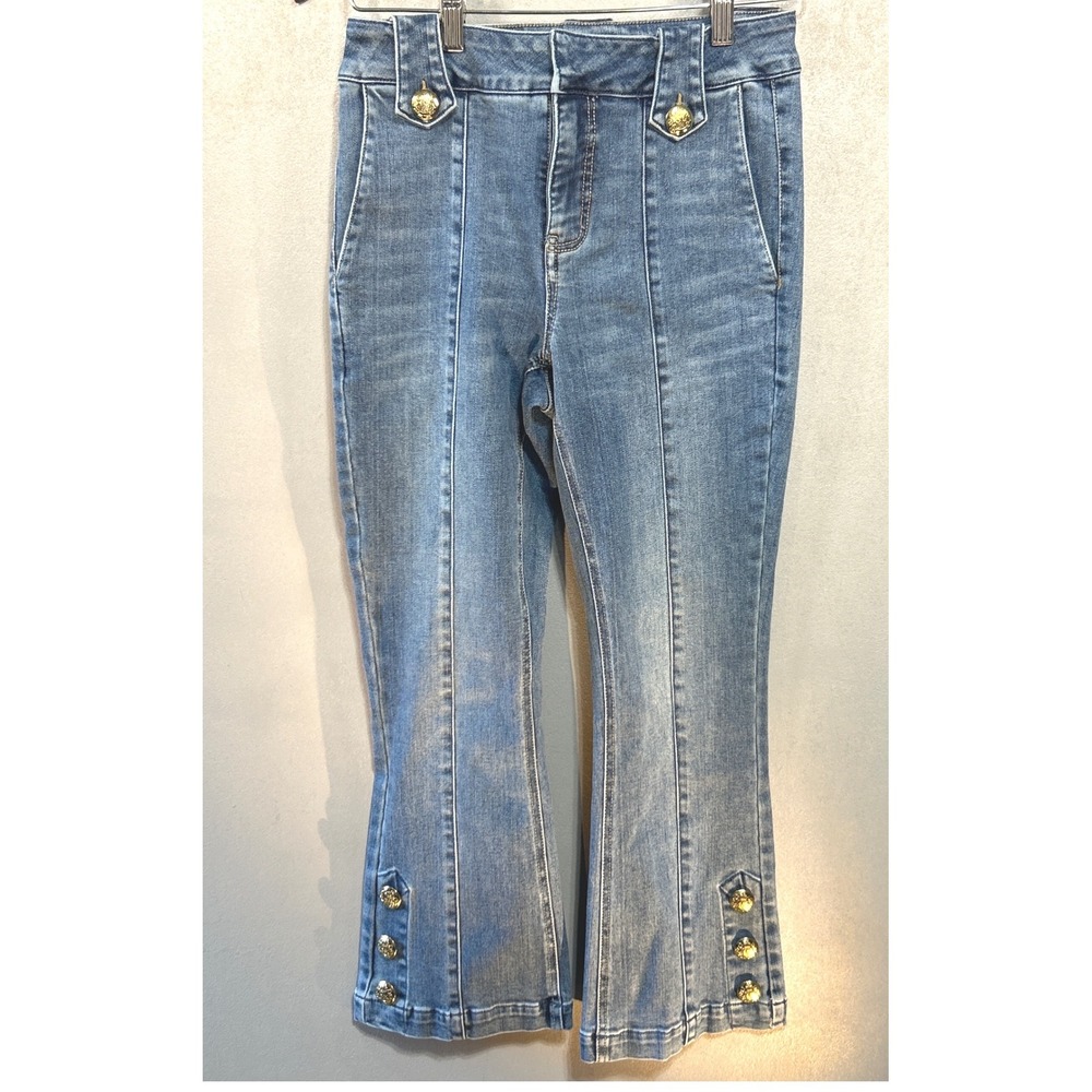 Cache Womens Blue Denim Gold Button Nautical Flare Crop Capri Jeans Size 26
